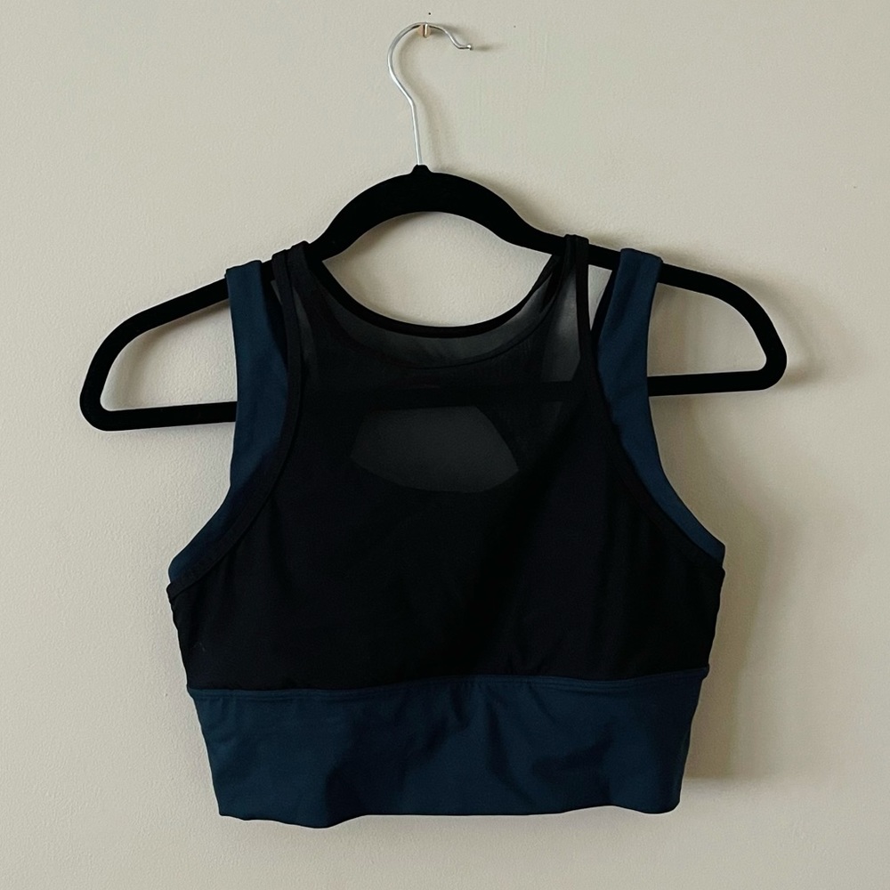 Lululemon black mesh and teal sports bra. Size 4